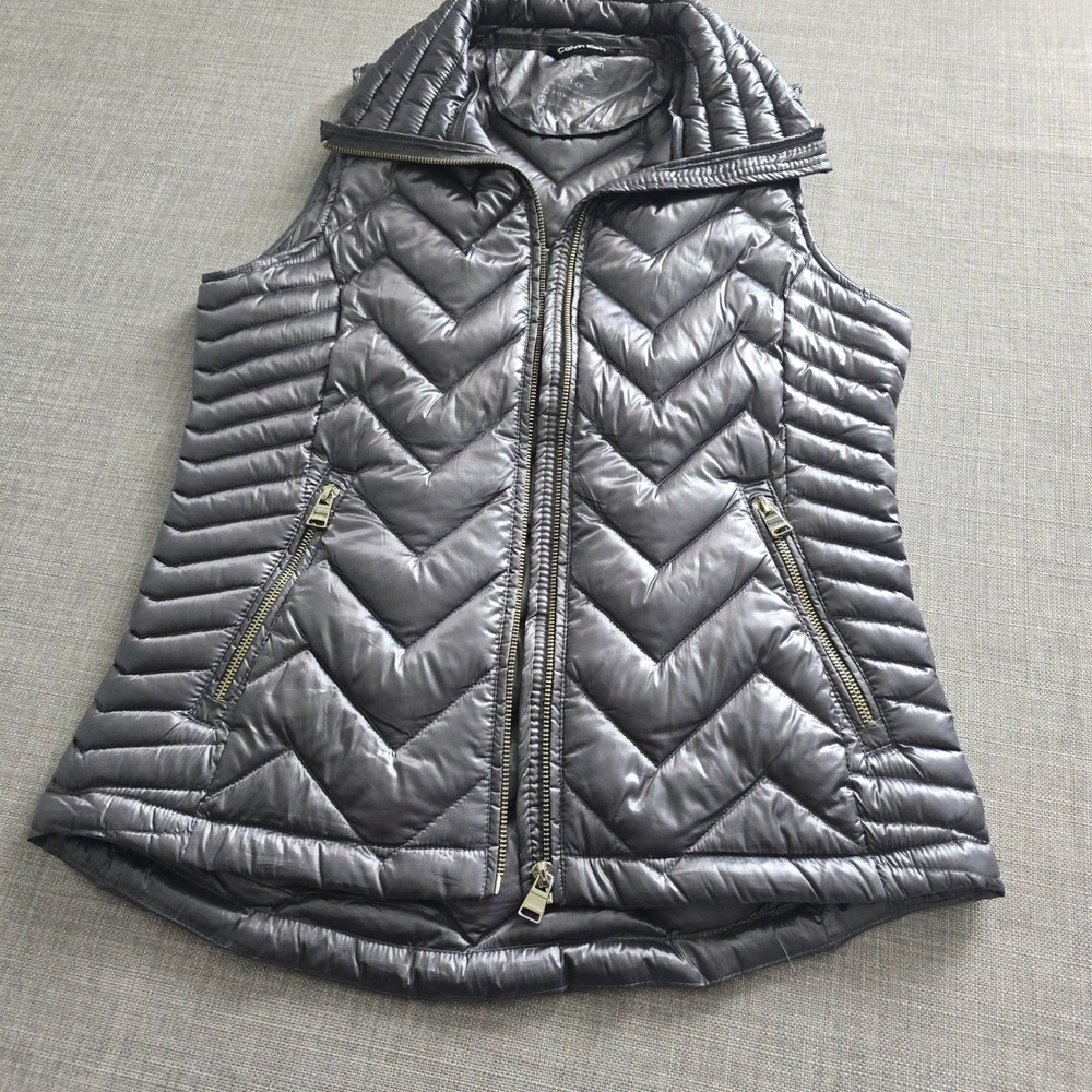 Calvin Klein Premium Down Puffer Vest Gray Metallic Chevron Quilted Small - Picture 3 of 9